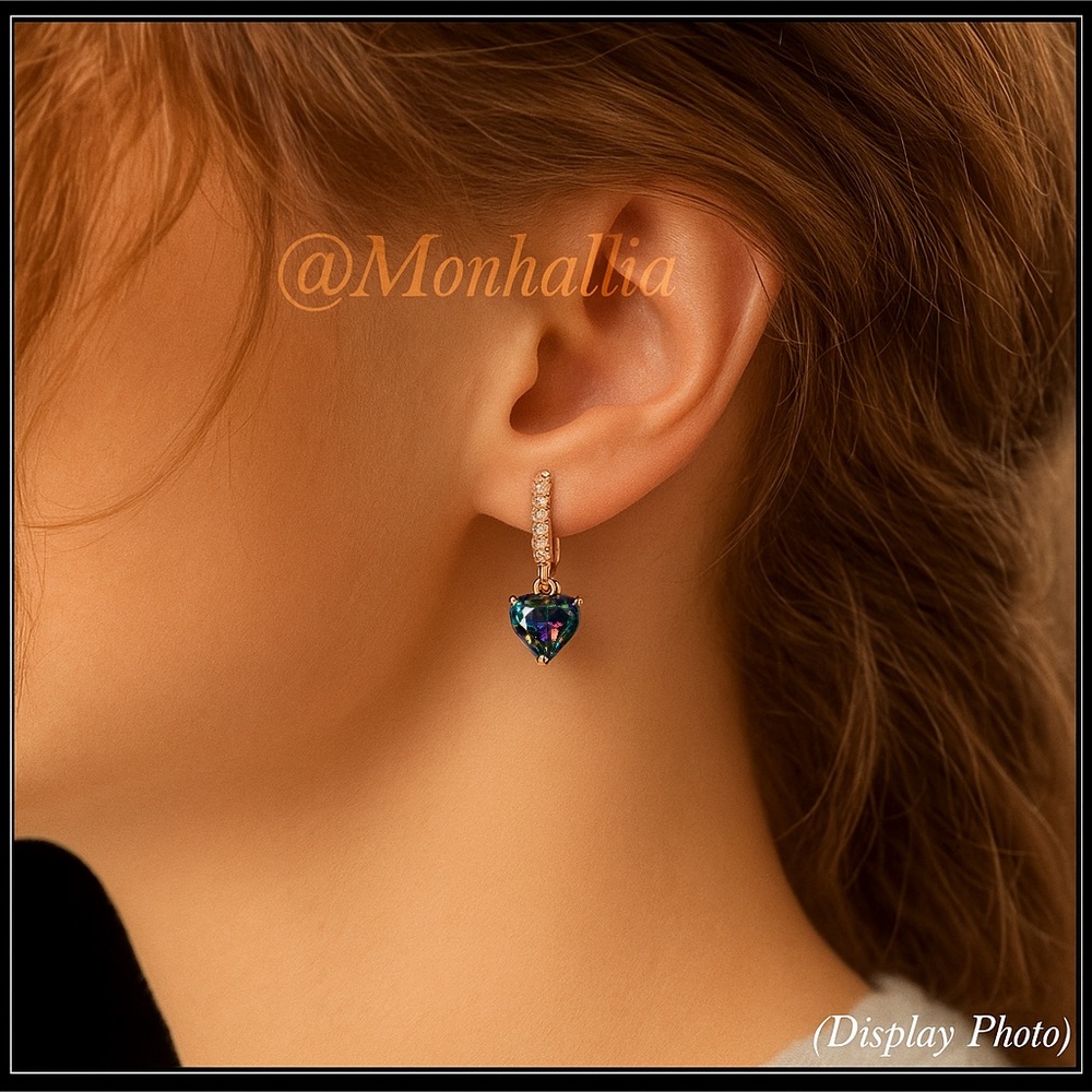 NEW 925 ROSE GOLD SIMULATED MYSTIC TOPAZ DIAMOND HEART HUGGIE EARRINGS - Picture 5 of 6